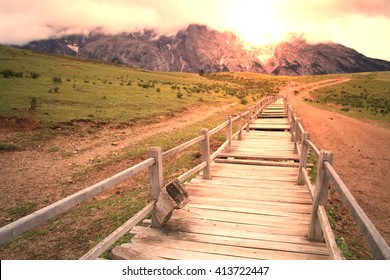 Very Long Wood Journey Path With Fantastic Scene In Lijiang China.