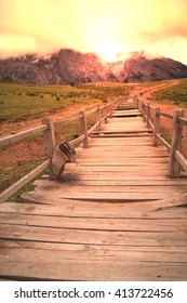 Very Long Wood Journey Path With Fantastic Scene In Lijiang China.