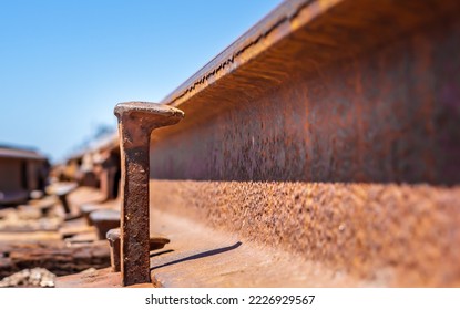 A very low angle view of an old, weathered railroad spike that hasn't been driven into the ground.  The spike is standing up next to a set of train tracks.