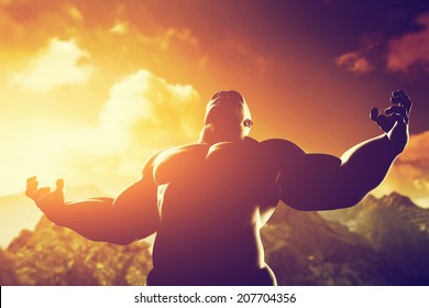 Very muscular strong man with hero, athletic body shape expressing his power and strength on the peak of the mountain at sunset