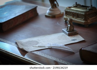 Very Old Letter Written With Feather On The Antique Desk