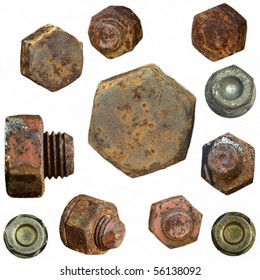 very old rusty Screw heads  bolts  wheels screw isolated white background