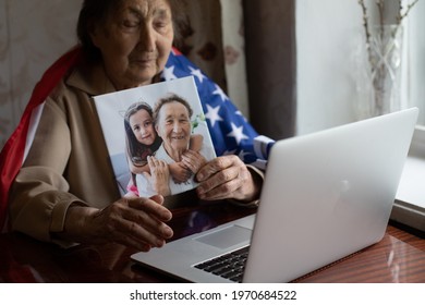 Very Old Senior Woman With Laptop And Usa Flag