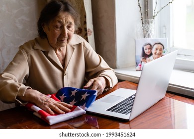 Very Old Senior Woman With Laptop And Usa Flag