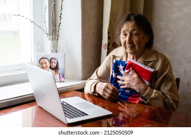 Very Old Senior Woman With Laptop And Usa Flag