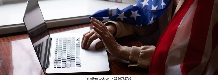 Very Old Senior Woman With Laptop And Usa Flag