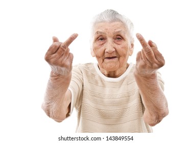 very old woman showhing her f-finger on both of her hands