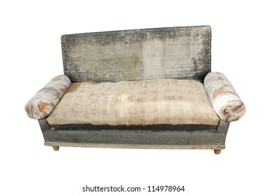 A Very Old, Wooden Sofa On A White Background