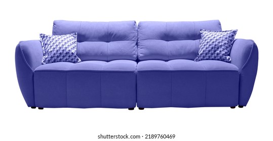 Very Peri Sofa With Checkered Pillows Isolated. Upholstered Furniture For Living Room. Purple Couch Isolated