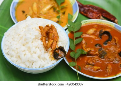 Very Popular Dish Anchovy Masala Fish Curry And Rice In Coastal Area South Indian, Sri Lanka, Malaysia, Thailand, Singapore. Marinated Using Indian Spices. Rice And Fish In India, Kerala