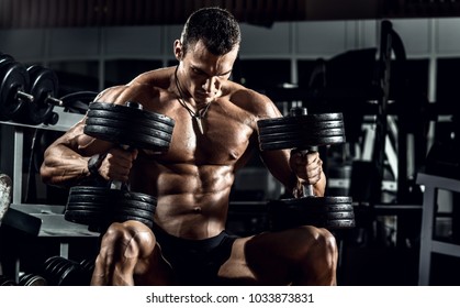 very power guy - bodybuilder, execute exercise with weight, inside gym, horizontal photo