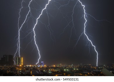 Very powerful cloud to ground lightning strike at night over Shah Alam city.