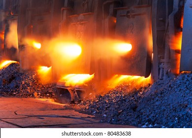 Very Rare Close View Of Working Open Hearth Furnace At The Metallurgical Plant