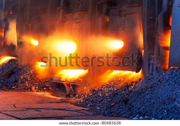 Very rare close view of working open hearth furnace\
at the metallurgical plant