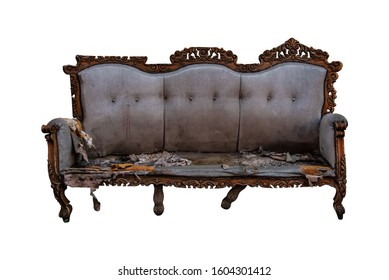 Very Ripped And Broken Old Sofa Isolated On White Background.