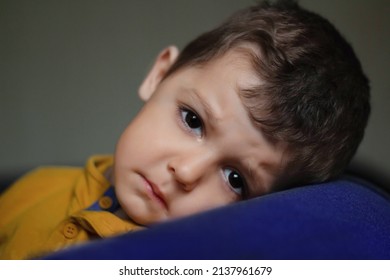 Very Sad Boy. Offended A Child. Close-up Portrait Looking At The Camera. Feels Lonely Misses Parents. Freedom Ukraine
