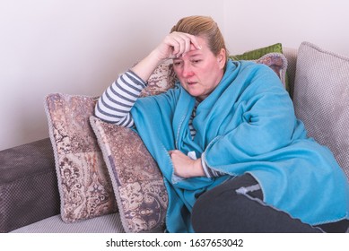 Very Sick Woman With The Flu, Fever And High Temperature