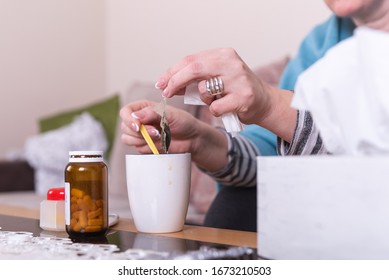 A Very Sick Woman With Temperature Drinks Warm Tea