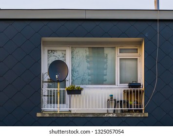 Very Small Apartment Balcony In A Dutch City, Vintage Satellite Dish, Old Technology