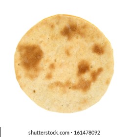 A Very Small Cooked Pizza Crust On A White Background.