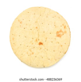 A Very Small Cooked Pizza Crust On A White Background.