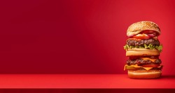 A Very Tall Hamburger, Over A Red Background