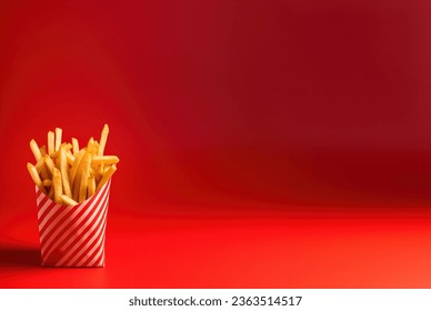 Eine sehr leckere Packung mit Pommes frites, mit großem rotem Hintergrund, viel negativem Platz zum Hinzufügen von Text oder Bildunterschriften – Stockfoto