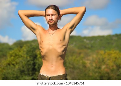 Very Thin Young White Man With Protruding Ribs. Skin And Bones.