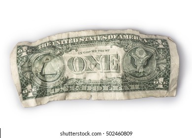 A very wrinkled and battered American one-dollar bill, on white with shadows.
