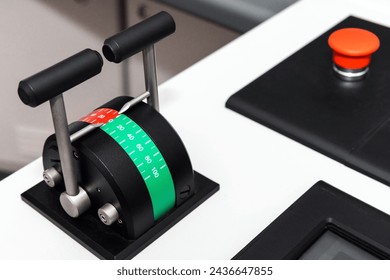 Vessel control panel with the engine accelerator in stop position, close up photo with selective focus
