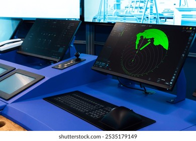 Vessel control panel with engine accelerator and radar screen, captains bridge equipment of a marine navigation simulation system