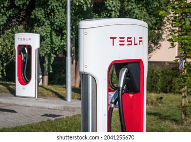 VESTEC, CZECH REPUBLIC – SEPTEMBER 3: Tesla Supercharger charging station located on the premises of Motoservis Deyl in Vestec Prague West District.