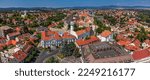 Veszprem, Hungary - Aerial panoramic view of the castle district of Veszprem with medieval buildings at Ovaros square and Fire-watch tower on a bright summer day with clear blue sky