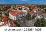 Veszprem, Hungary - Aerial panoramic view of the castle district of Veszprem with city hall building at Ovaros square and Fire-watch tower on a bright summer day with clear blue sky
