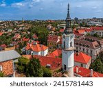 Veszprem, Hungary - Aerial view of the Fire-watch tower at Ovaros square, castle district of Veszprem with Saint Margaret