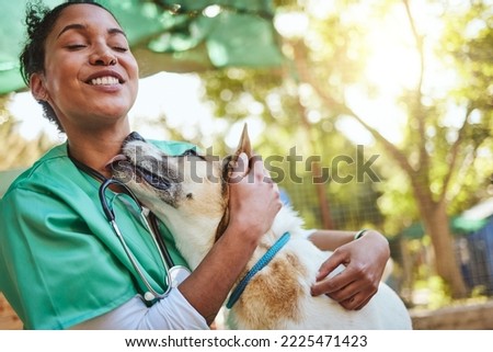 Vet, happy and nurse with a dog in nature doing medical healthcare checkup and charity work for homeless animals. Smile, doctor or veterinarian loves nursing, working or helping dogs, puppy and pets