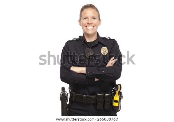 ベテラン警察官 白い背景に腕を組んでポーズをとる幸せな警官 の写真素材 今すぐ編集