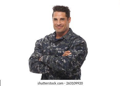 Veteran Soldier Army Navy Man Posing With Arms Crossed Against White Background