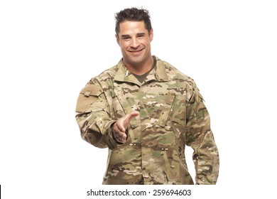 Veteran Soldier Extending Hand To Shake Isolated On White Background | Employment Opportunities For Servicemen Transitioning To Civilian World.