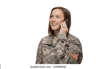 Veteran Soldier Female Serviceman On Her Mobile Phone