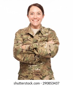 Veteran Soldier | Military Female With Her Arms Crossed. Attractive Soldier Wearing Multicam Camouflage On White Background.