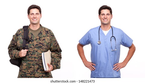 VETERAN SOLDIER | MILITARY TRANSITION TO CIVILIAN WORKPLACE | Money For College And Education Benefits.  Male Nurse And Soldier Posing Against White Background.