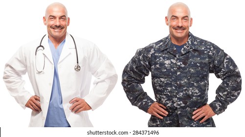 VETERAN SOLDIER | MILITARY TRANSITION TO CIVILIAN WORKPLACE | Doctor Wearing His Lab Coat And His Navy Uniform Showing The Transition.