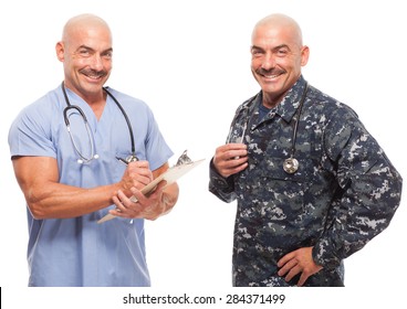 VETERAN SOLDIER | MILITARY TRANSITION TO CIVILIAN WORKPLACE | Doctor Wearing His Lab Coat And His Navy Uniform Showing The Transition From Military To Civilian Life.