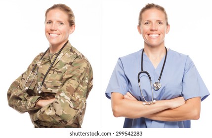 VETERAN SOLDIER | MILITARY TRANSITION TO CIVILIAN WORKPLACE | Female Army doctor or nurse in uniform on white background.  Military to civilian transition showing woman in scrubs.