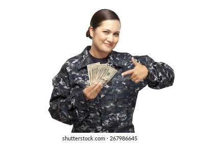 VETERAN SOLDIER | MONEY FOR COLLEGE | PAYDAY LOAN | MILITARY FUNDING|  Smiling Female Navy Sailor Holding Money Against White Background.  Payday Loan | Cash For School | Military Lenders And Lending