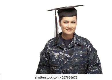 Veteran Soldier | Navy Female Sailor Wearing Graduation Cap Against White Background