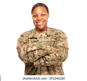 Veteran Soldier Smiling With Arms Crossed. African American Woman In The Military.