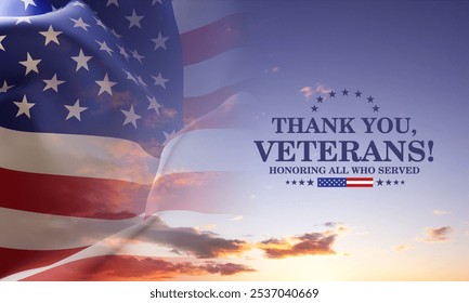 Veterans Day Background Design. USA flags against the sunset. Thank You, Veterans! Honoring All Who Served - Powered by Shutterstock