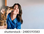 Veterinarian, Happy stray dog licking vet woman doctor face inside private hospital